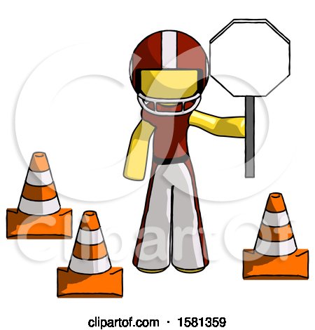 Yellow Football Player Man Holding Stop Sign by Traffic Cones Under Construction Concept by Leo Blanchette