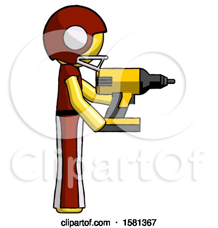 Yellow Football Player Man Using Drill Drilling Something on Right Side by Leo Blanchette