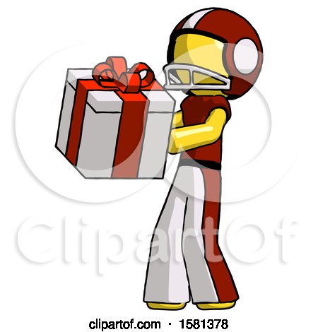 Yellow Football Player Man Presenting a Present with Large Red Bow on It by Leo Blanchette
