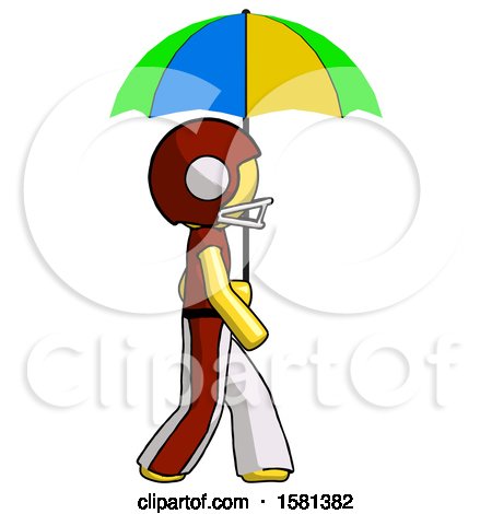 Yellow Football Player Man Walking with Colored Umbrella by Leo Blanchette