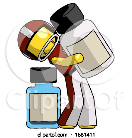Yellow Football Player Man Holding Large White Medicine Bottle with Bottle in Background by Leo Blanchette