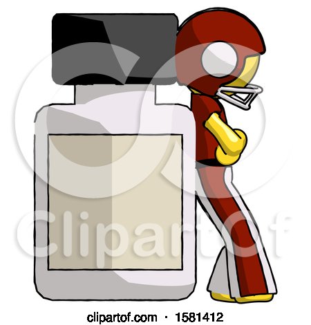 Yellow Football Player Man Leaning Against Large Medicine Bottle by Leo Blanchette