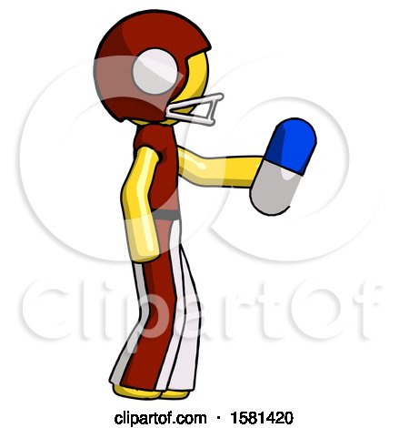 Yellow Football Player Man Holding Blue Pill Walking to Right by Leo Blanchette