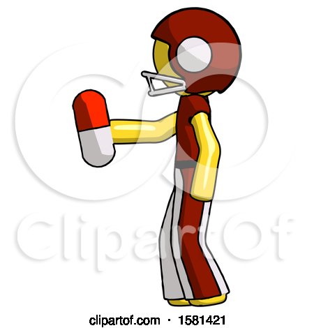 Yellow Football Player Man Holding Red Pill Walking to Left by Leo Blanchette