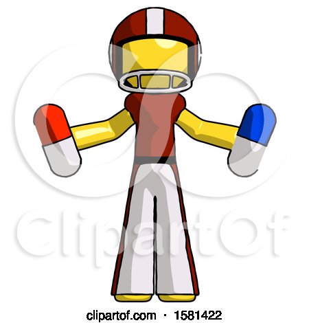 Yellow Football Player Man Holding a Red Pill and Blue Pill by Leo Blanchette