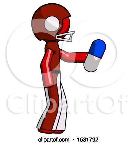 Red Football Player Man Holding Blue Pill Walking to Right by Leo Blanchette