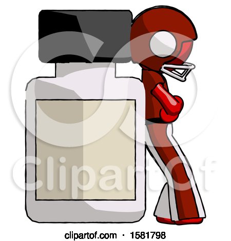 Red Football Player Man Leaning Against Large Medicine Bottle by Leo Blanchette