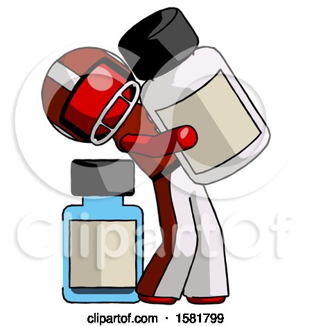 Red Football Player Man Holding Large White Medicine Bottle with Bottle in Background by Leo Blanchette