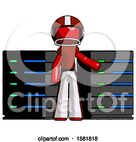 Red Football Player Man with Server Racks, in Front of Two Networked Systems by Leo Blanchette