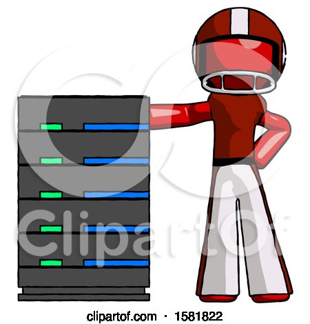 Red Football Player Man with Server Rack Leaning Confidently Against It by Leo Blanchette