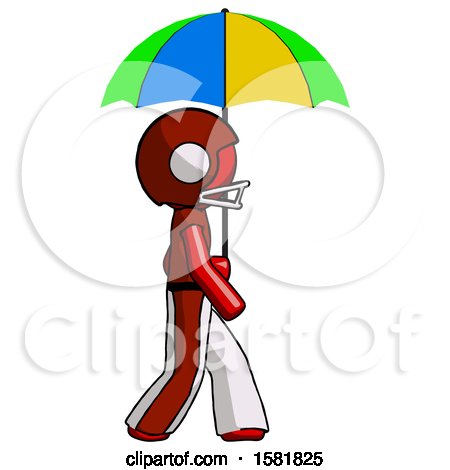 Red Football Player Man Walking with Colored Umbrella by Leo Blanchette