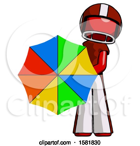 Red Football Player Man Holding Rainbow Umbrella out to Viewer by Leo Blanchette