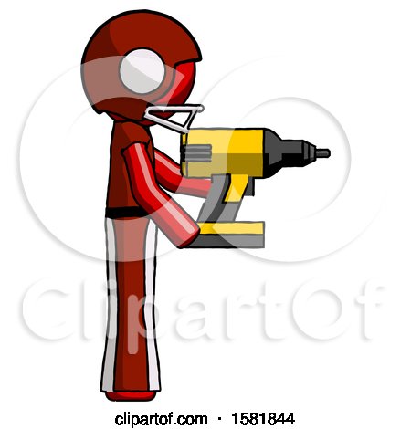 Red Football Player Man Using Drill Drilling Something on Right Side by Leo Blanchette