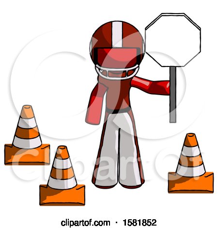 Red Football Player Man Holding Stop Sign by Traffic Cones Under Construction Concept by Leo Blanchette