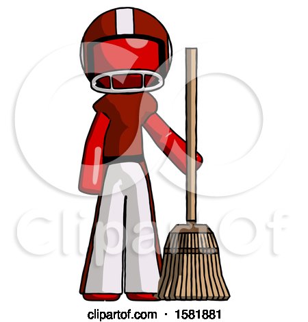 Red Football Player Man Standing with Broom Cleaning Services by Leo Blanchette
