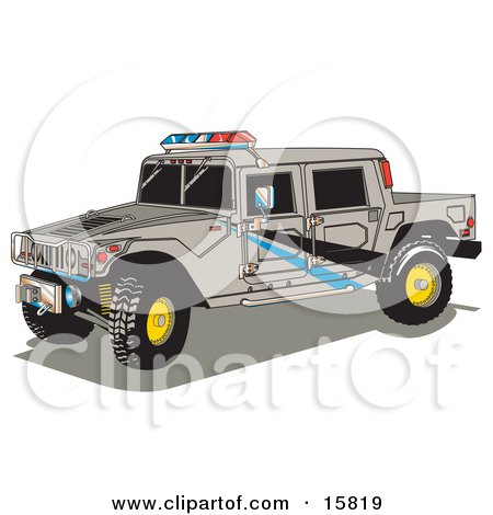 Big Gray Police Patrol Hummer H2 Vehicle With A Truck Bed And Lights On Top Clipart Illustration by Andy Nortnik