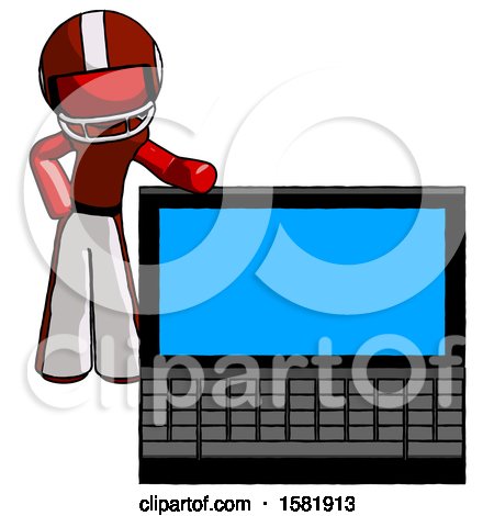 Red Football Player Man Beside Large Laptop Computer, Leaning Against It by Leo Blanchette