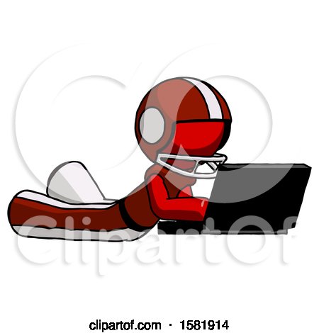 Red Football Player Man Using Laptop Computer While Lying on Floor Side Angled View by Leo Blanchette