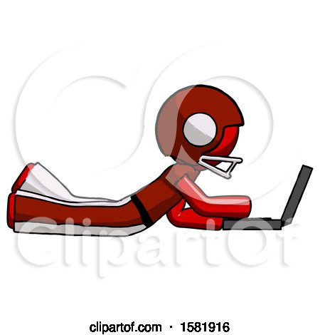 Red Football Player Man Using Laptop Computer While Lying on Floor Side View by Leo Blanchette