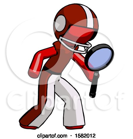Red Football Player Man Inspecting with Large Magnifying Glass Right by Leo Blanchette