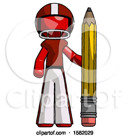 Red Football Player Man with Large Pencil Standing Ready to Write by Leo Blanchette