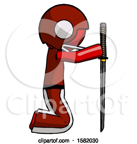 Red Football Player Man Kneeling with Ninja Sword Katana Showing Respect by Leo Blanchette