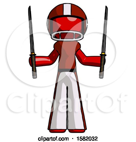 Red Football Player Man Posing with Two Ninja Sword Katanas up by Leo Blanchette