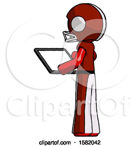 Red Football Player Man Looking at Tablet Device Computer with Back to Viewer by Leo Blanchette