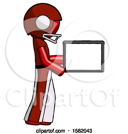 Red Football Player Man Show Tablet Device Computer to Viewer, Blank Area by Leo Blanchette