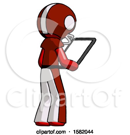 Red Football Player Man Looking at Tablet Device Computer Facing Away by Leo Blanchette
