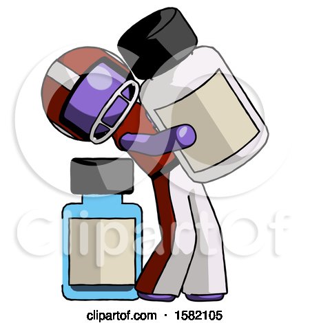 Purple Football Player Man Holding Large White Medicine Bottle with Bottle in Background by Leo Blanchette