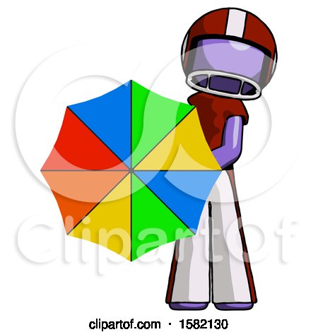 Purple Football Player Man Holding Rainbow Umbrella out to Viewer by Leo Blanchette