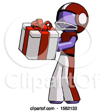 Purple Football Player Man Presenting a Present with Large Red Bow on It by Leo Blanchette