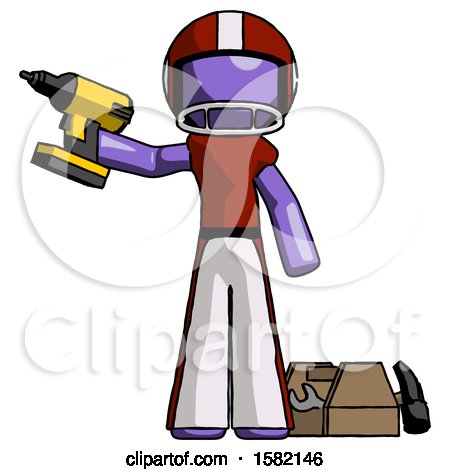 Purple Football Player Man Holding Drill Ready to Work, Toolchest and Tools to Right by Leo Blanchette