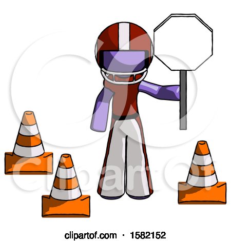Purple Football Player Man Holding Stop Sign by Traffic Cones Under Construction Concept by Leo Blanchette