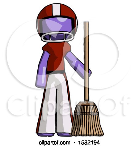 Purple Football Player Man Standing with Broom Cleaning Services by Leo Blanchette