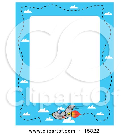 Stationery Border Of A Fast Jet Leaving Vapor Trails In A Blue Sky With Puffy White Clouds Clipart Illustration by Andy Nortnik