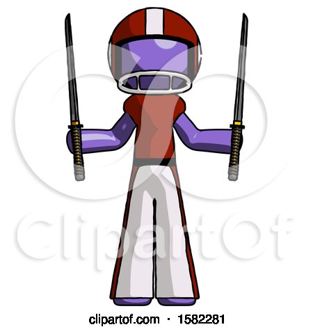 Purple Football Player Man Posing with Two Ninja Sword Katanas up by Leo Blanchette