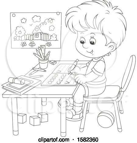 Clipart of a Lineart School Boy Writing Letters at His Desk - Royalty Free Vector Illustration by Alex Bannykh