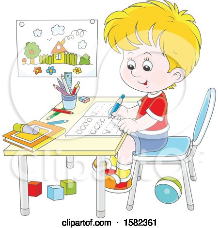 Clipart of a Caucasian School Boy Writing Letters at His Desk - Royalty Free Vector Illustration by Alex Bannykh