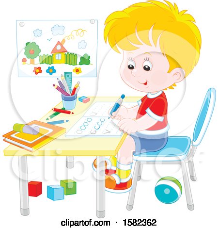 Clipart of a White School Boy Writing Letters at His Desk - Royalty Free Vector Illustration by Alex Bannykh