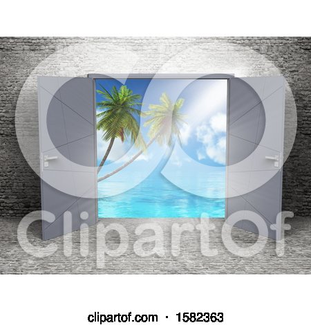 Clipart of a 3d Stone Room Interior with Open Doors and a View of the Ocean and Palm Trees - Royalty Free Illustration by KJ Pargeter