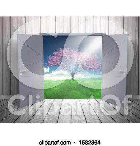 Clipart of a 3d Wood Room Interior with Open Doors and a View of a Blossoming Tree - Royalty Free Illustration by KJ Pargeter