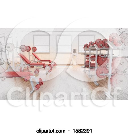 Clipart of a 3d and Sketched Gym Interior - Royalty Free Illustration by KJ Pargeter