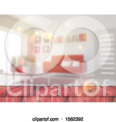 Clipart of a 3d Red Wood Counter and Blurred Living Room Interior - Royalty Free Illustration by KJ Pargeter