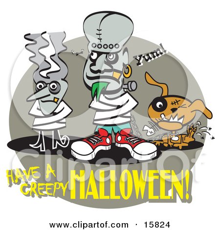 Bride Of Frankenstein And Frankenstine In Straitjackets With Their Dog Standing By Clipart Illustration by Andy Nortnik