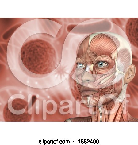 Clipart of a 3d Female with Visible Face Muscles over a Dna and Virus Background - Royalty Free Illustration by KJ Pargeter