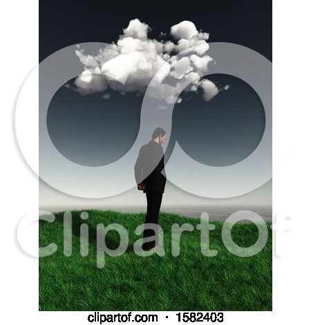 Clipart of a 3d Sad Business Man Under a Cloud - Royalty Free Illustration by KJ Pargeter