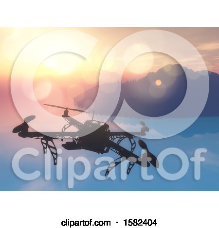Clipart of a 3d Drone over a Still Bay at Sunrise or Sunset - Royalty Free Illustration by KJ Pargeter