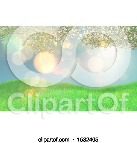 Clipart of a 3d Grassy Hill with Blossom Branches - Royalty Free Illustration by KJ Pargeter